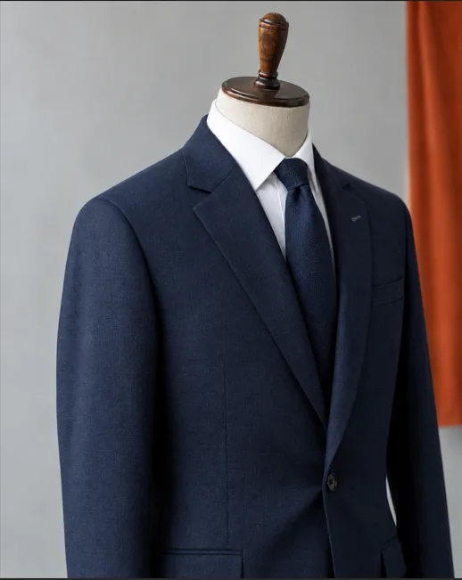 Tailored navy suit on a mannequin revealing its internal chest piece and shoulder pad